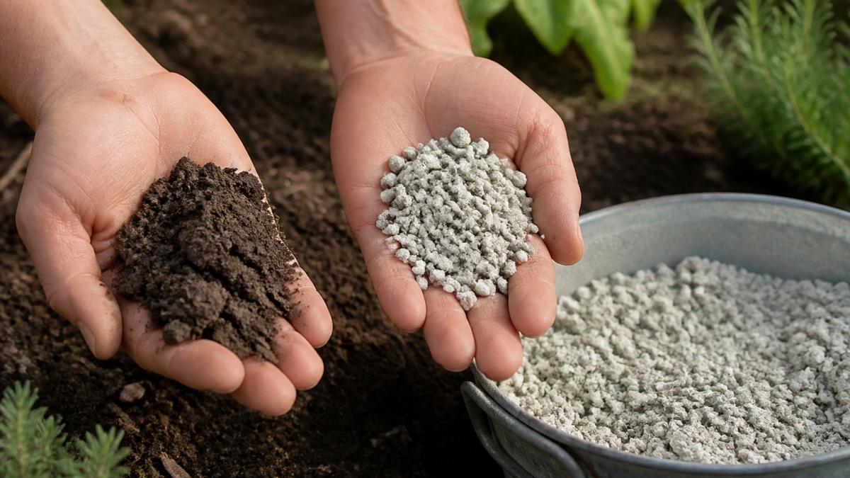 Close-up of hands holding dark clay soil next to light volcanic zeolite mineral particles, showing the distinct texture difference and particle size, with natural outdoor garden lighting