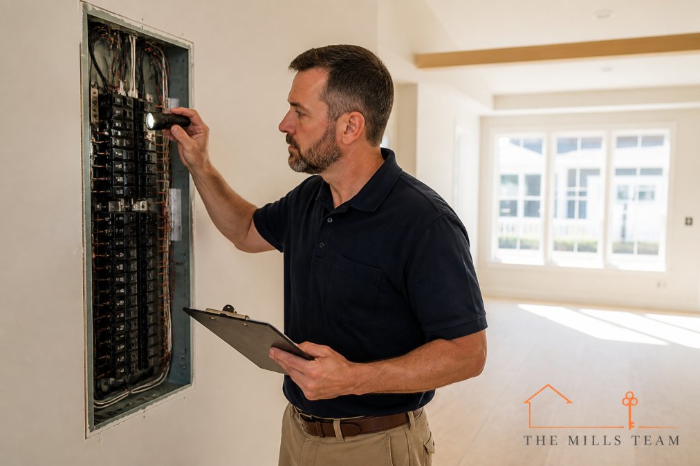Professional home inspector examining electrical panel and wiring in new construction home interior, using inspection tools and clipboard, natural light from windows
