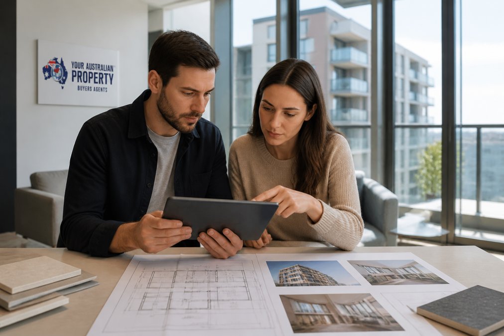 Young couple reviewing architectural floor plans and 3D renderings on a tablet in a modern apartment display showroom, natural light streaming through large windows