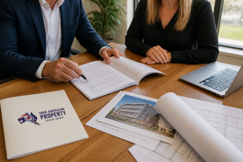 Professional buyer's agent and client reviewing building contract document at desk with laptop, blueprints and property documents visible