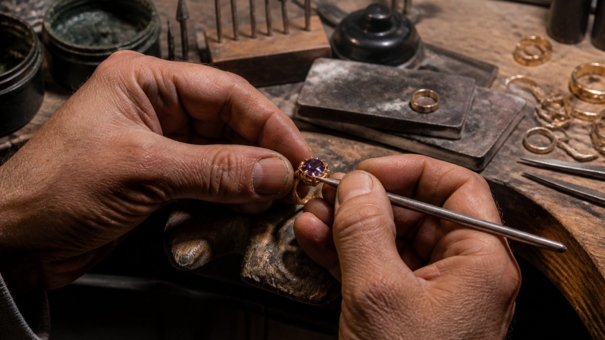 Close-up of a jeweler's hands carefully setting a gemstone into a gold ring at a workbench, with fine tools, polishing compounds, and unfinished metal pieces visible in soft studio lighting
