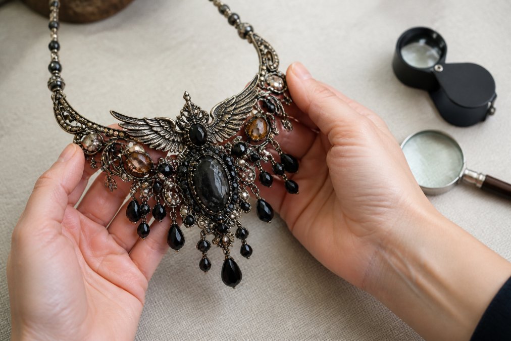 Steps to verify one of a kind jewelry, featuring a gothic necklace, magnifying glass, and jeweler's loupe.