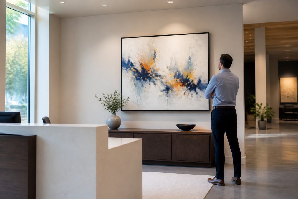 Diagram illustrating the optimal hanging height for original art above a console table in a modern office reception area.