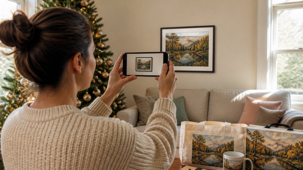 Person using a smartphone to preview framed landscape art on a living room wall when buying original art on a budget