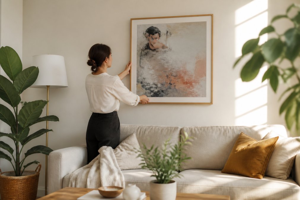 A homeowner in a bright living room adjusting a framed square canvas print on the wall above a linen sofa, potted plants and a floor lamp nearby, soft afternoon light across the room