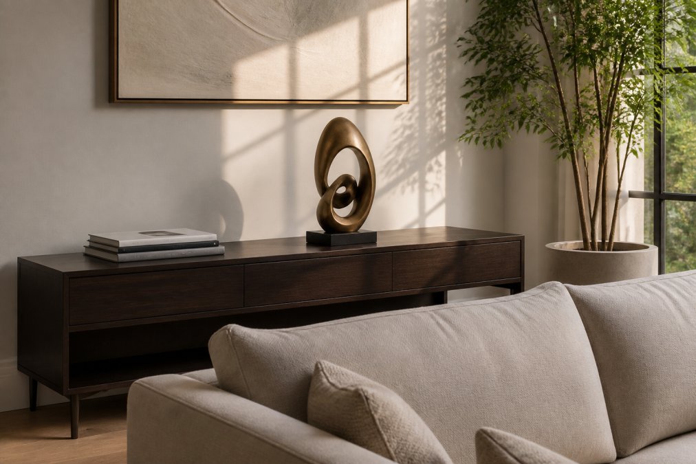 Diagram illustrating the ideal placement of original sculptures on a living room console table for visual balance.