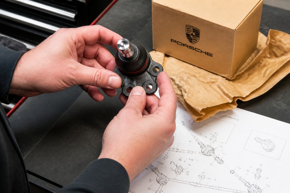 Hands examining a genuine Porsche part with OEM branding and original packaging, comparing it against technical documentation under bright workshop lighting
