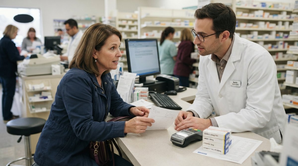 Patient speaking with a pharmacist at a retail pharmacy counter, discussing medication costs and pricing options in a well-lit, modern drugstore setting