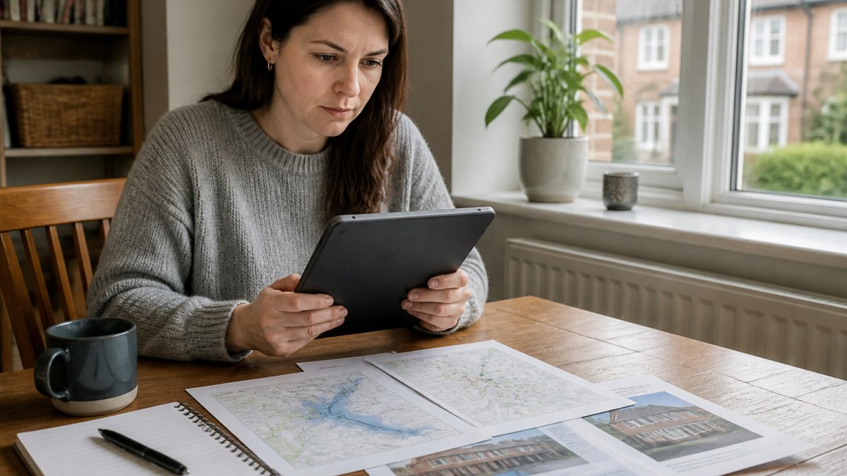 Property buyer reviewing flood risk and crime data on a tablet at home, with documents spread on a wooden table, natural daylight streaming through a window