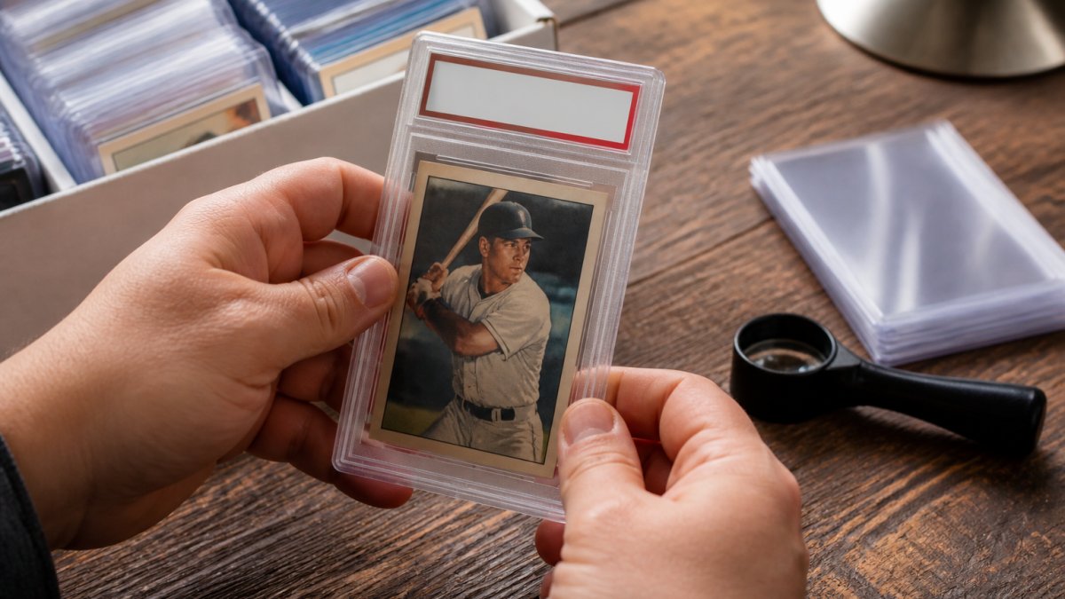 Close-up of hands holding a graded trading card in a clear protective slab under bright light, with a loupe and soft sleeve on a wooden desk nearby