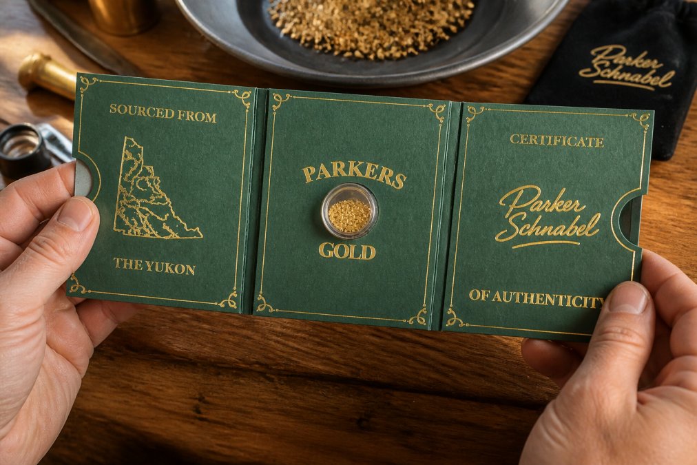 Close-up of hands holding an official Certificate of Authenticity card next to raw gold flakes in a handcrafted display case, with natural lighting highlighting the gold's texture and the certificate's security features