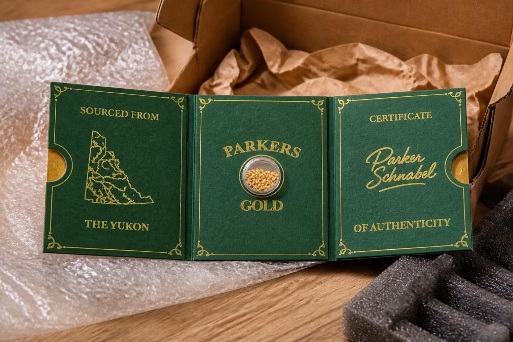 A handcrafted tri-fold display case containing raw gold flakes and Certificate of Authenticity, photographed from above with soft, warm lighting that highlights the gold's natural color and the protective packaging materials