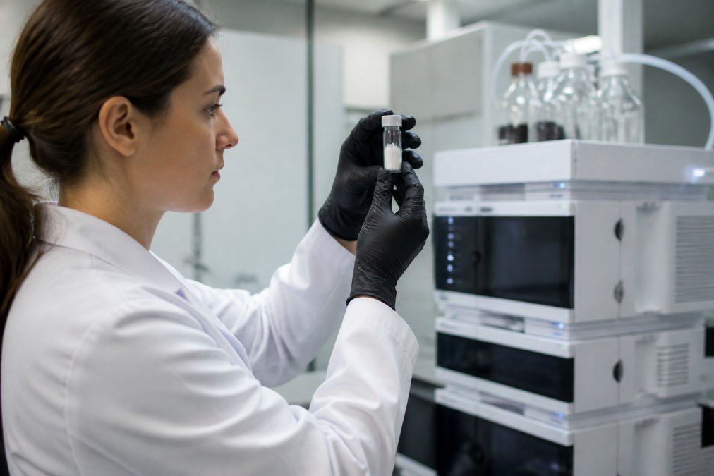 A laboratory scientist in a white coat examining a vial of lyophilized peptide powder under bright lab lighting, with HPLC equipment visible in the background