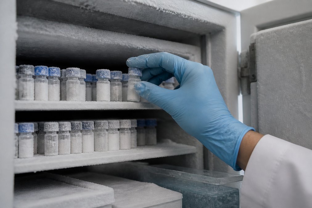Close-up of labeled peptide vials stored in an organized laboratory freezer, frost visible on the shelves, with a gloved hand reaching in to retrieve one