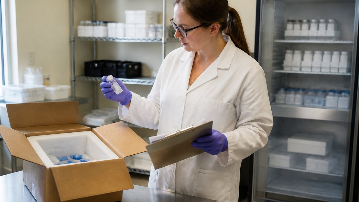 A laboratory manager in a white coat inspecting a delivered package of research materials at a receiving bench, with a clipboard and storage freezer visible in the background