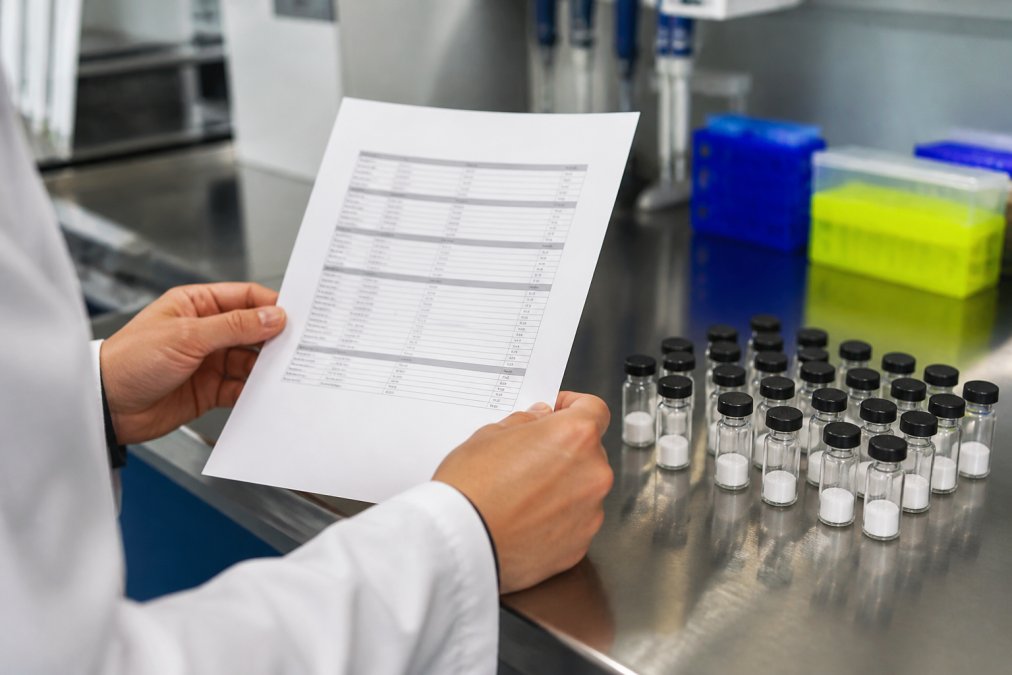 Close-up of hands holding a printed Certificate of Analysis document with multiple laboratory vials containing lyophilized powder arranged on a stainless steel laboratory bench under bright overhead lighting