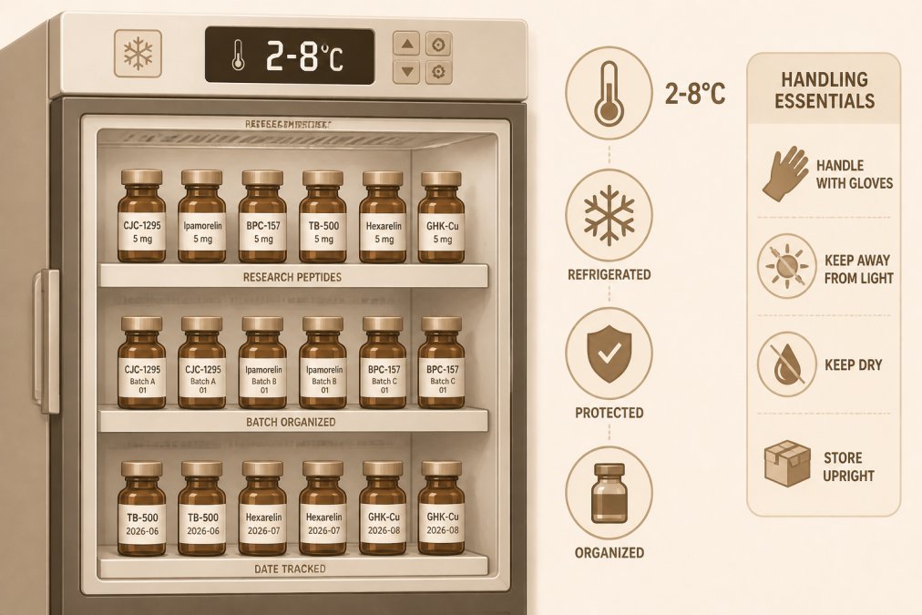 Organized peptide vials in amber glass bottles stored in a temperature-controlled laboratory refrigerator unit at 2-8°C, with visible thermometer display and organized labeling system on shelves