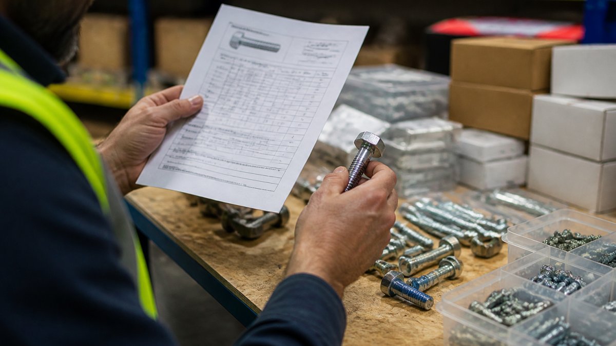 Professional's hands holding a technical data sheet and examining metal fixings with certification markings on a workbench under bright task lighting