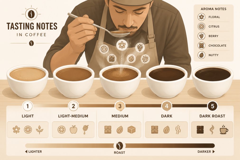 Close-up of a coffee cupping session with multiple white cups arranged on a wooden table, each containing brewed coffee at different roast levels showing color variation from light tan to deep brown, with a roaster holding a spoon mid-slurp and aroma notes visible in steam