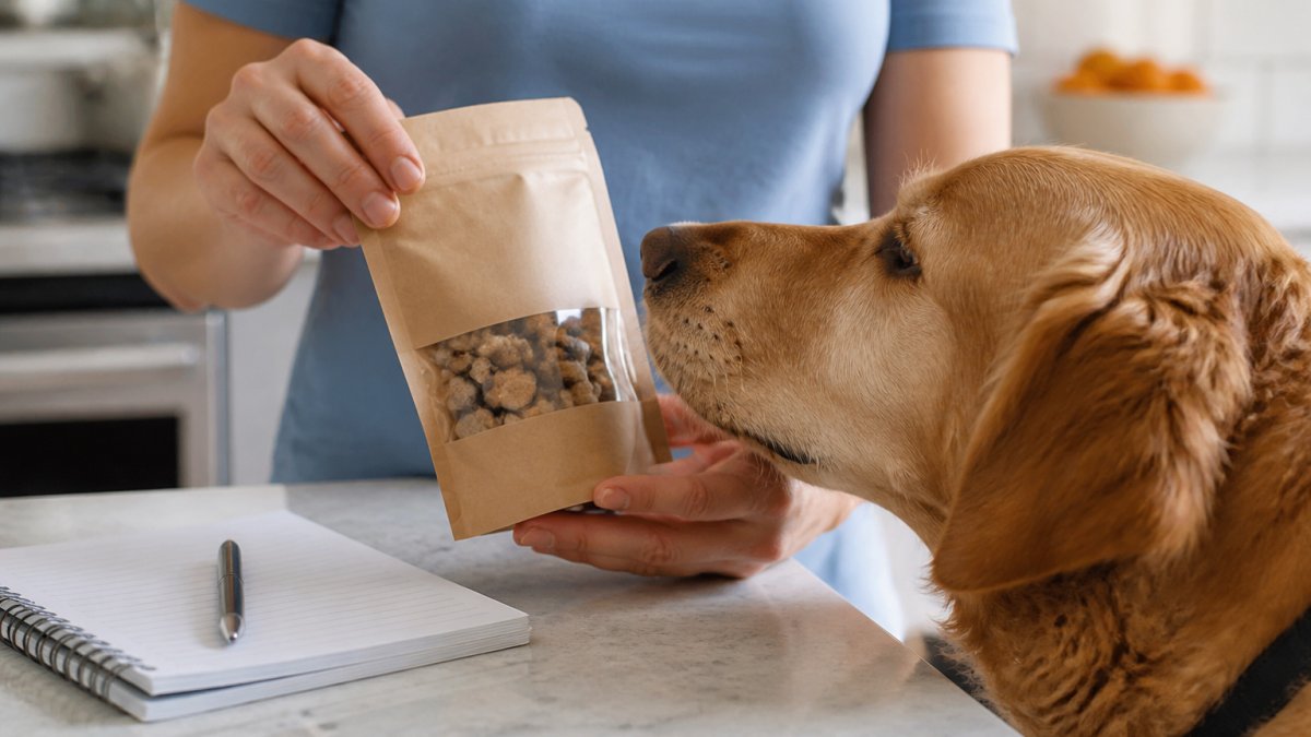 Close-up of a person's hands holding a small bag of dog treats next to a dog's nose sniffing it, on a kitchen counter with a notebook and pen nearby