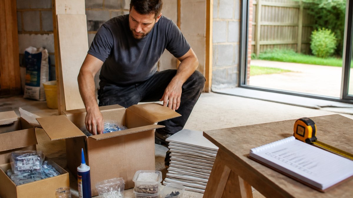 A homeowner in work clothes unpacking boxes of fixings, sealant and tiles on a renovation site, with a printed order checklist and tape measure on a nearby trestle table