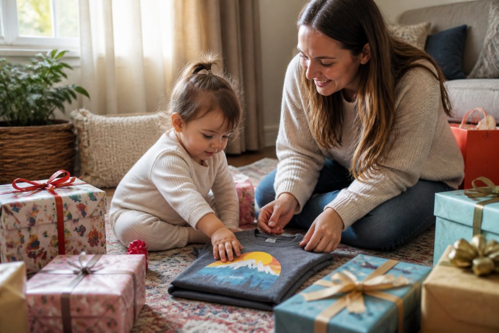 Parent and toddler opening unique gifts on a living room floor in warm sunlight