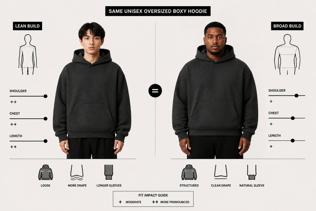 Two people of different body types wearing the same unisex oversized boxy hoodie, showing how the garment drapes differently on each silhouette, with natural indoor lighting and neutral background