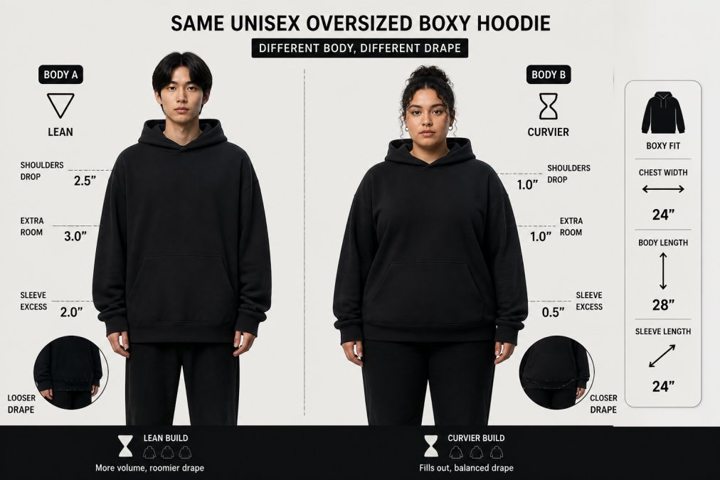 Side-by-side comparison of unisex clothing online fit