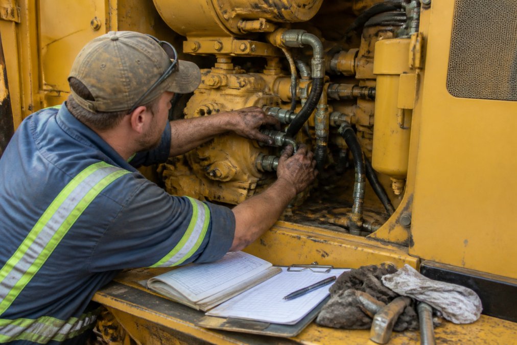 Professional contractor's hands examining hydraulic hoses and fluid connections on a dozer engine compartment, with maintenance logs and inspection clipboard visible on the workbench
