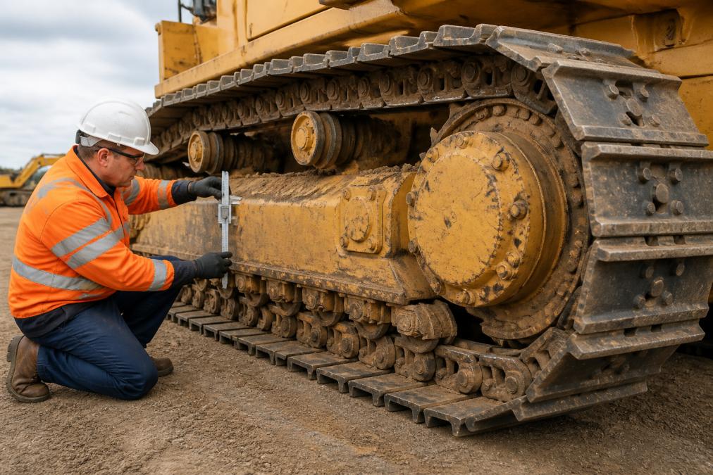 Wide-angle view of a dozer's exposed undercarriage showing track, sprockets, and idler wheels with visible wear patterns, maintenance technician measuring track tension with specialized gauge