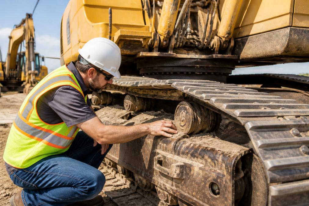 Contractor in high-visibility safety vest and hard hat performing hands-on inspection of excavator undercarriage and tracks in bright daylight at a job site, examining hydraulic connections and wear indicators