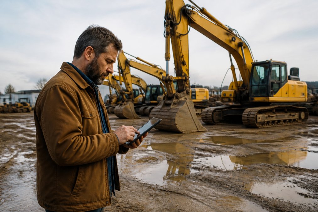 Fleet manager reviewing equipment schedules and project timelines on a tablet, with excavators visible in the background at a construction yard
