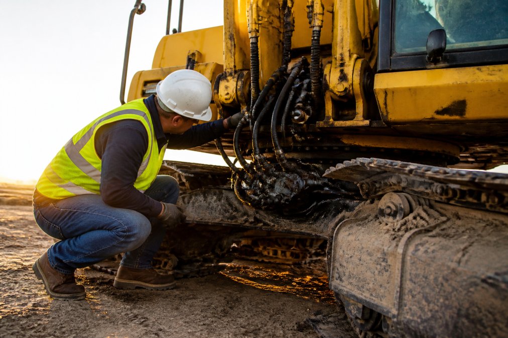 Contractor or equipment inspector closely examining the hydraulic hoses and undercarriage of a used excavator on a job site, checking for leaks and wear, with morning sunlight illuminating the inspection area
