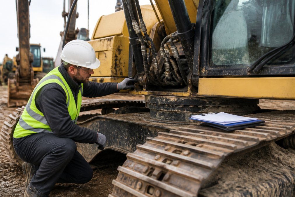 Professional inspector examining the undercarriage and hydraulic connections of a used excavator with maintenance records clipboard visible on the equipment, natural daylight