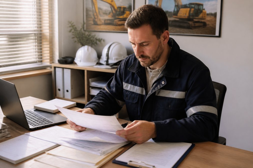 Construction professional reviewing equipment title documents and service history records at a desk with a laptop open, natural office lighting