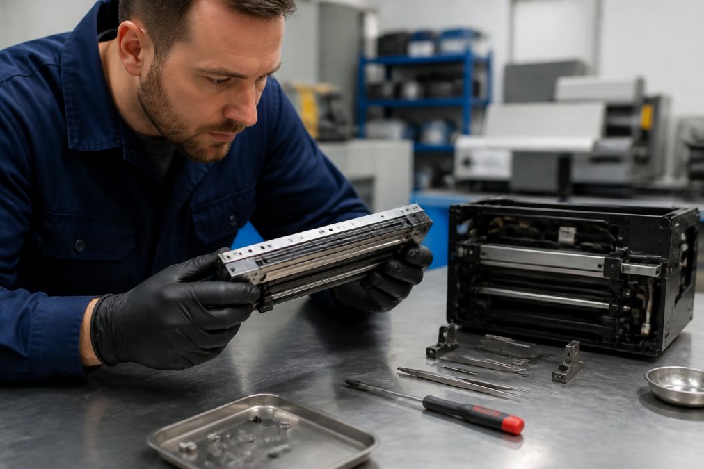 Close-up of a maintenance engineer in a clean industrial workshop inspecting a disassembled print head under bright overhead lighting, with precision tools laid out on a metal workbench beside the component