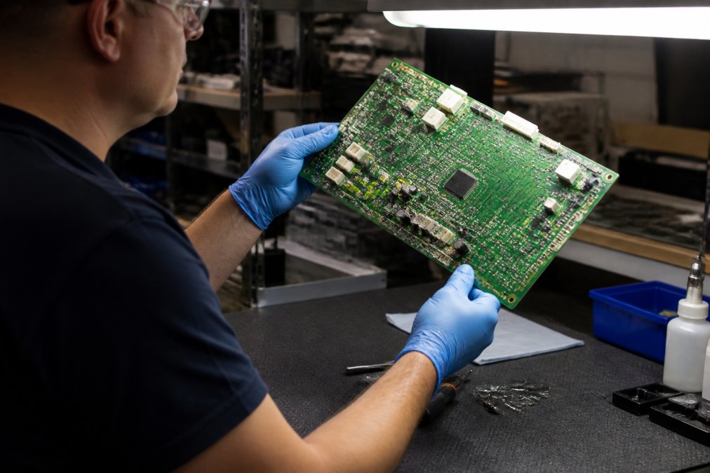 A technician wearing blue nitrile gloves carefully holding a used industrial printer circuit board up to bright overhead workshop lighting, examining solder joints and surface components in a clean industrial environment