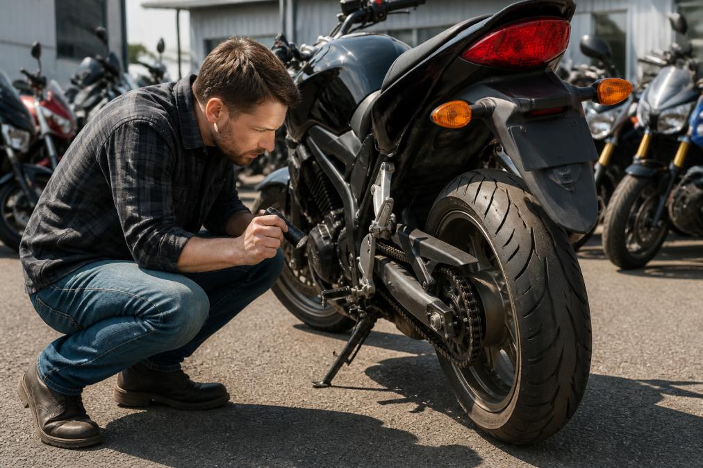 Person inspecting the tires and chain of used motorcycles with a flashlight at a dealership lot