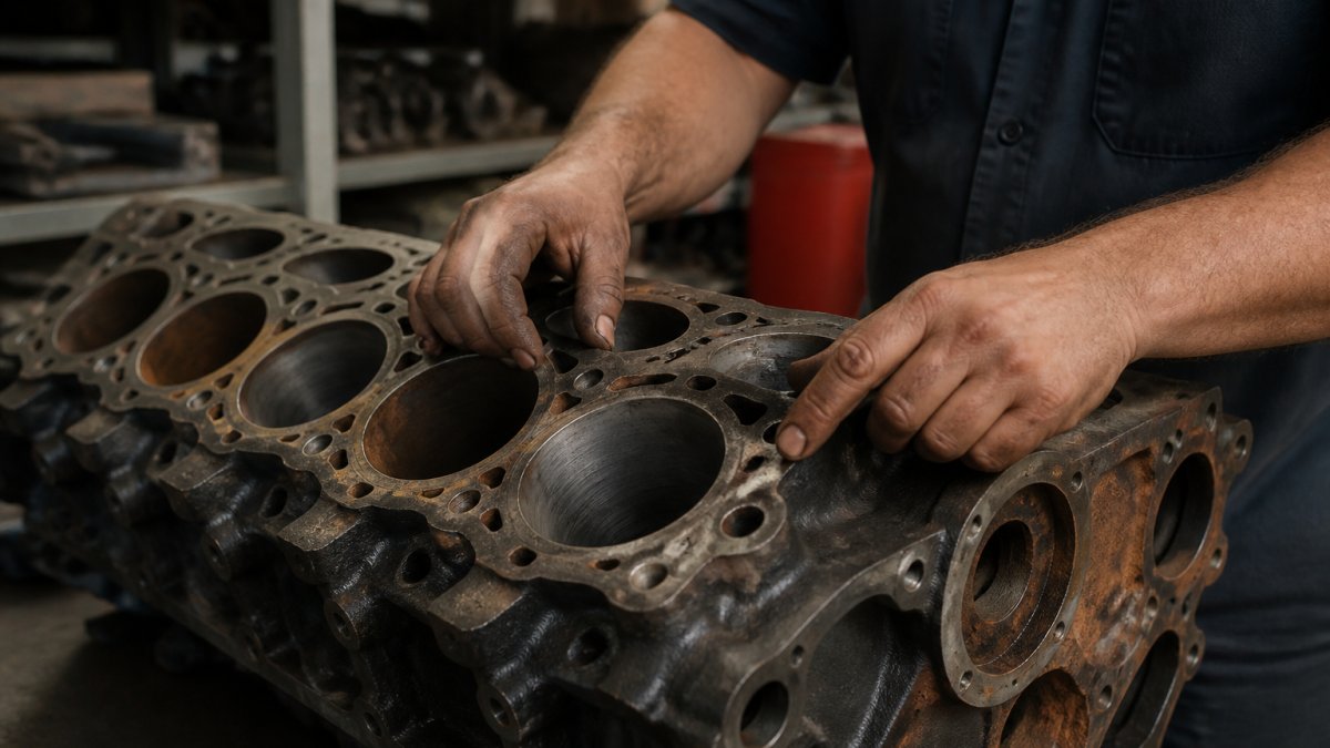 Professional mechanic's hands closely inspecting a used truck engine block for rust, cracks, and wear patterns under bright workshop lighting