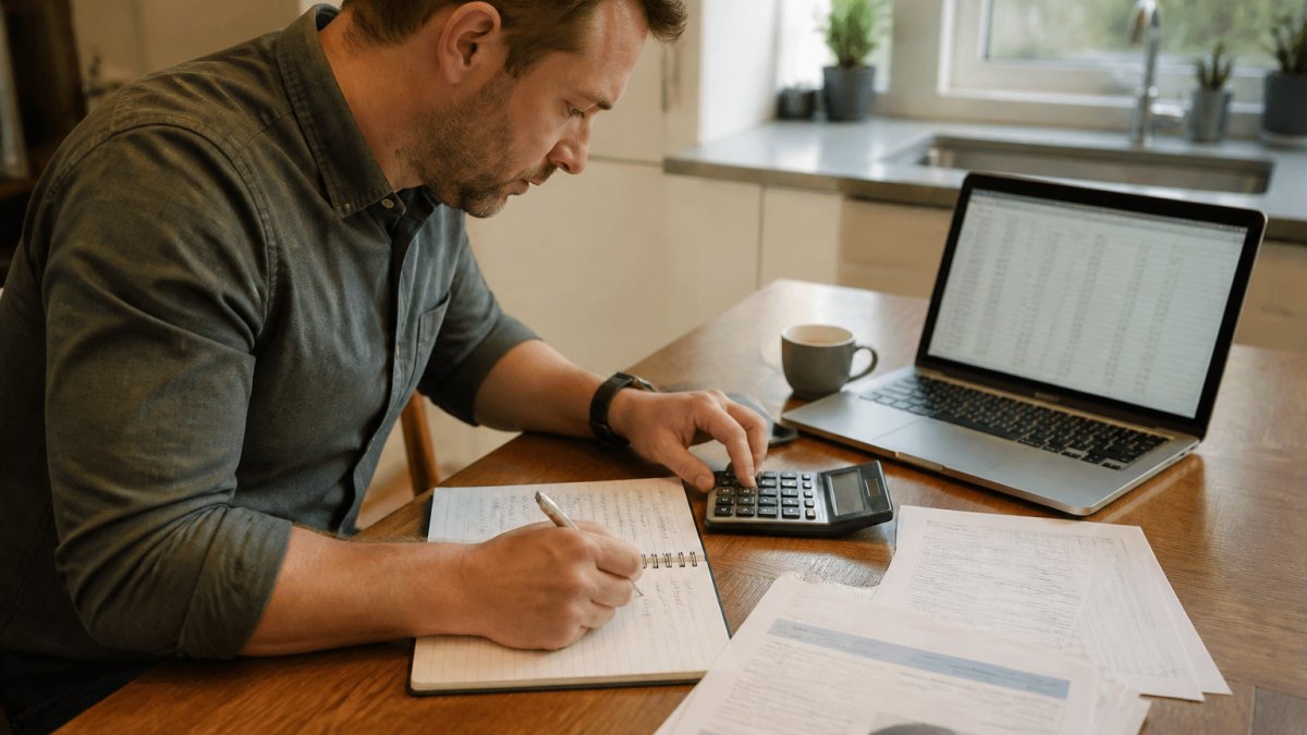 A person at a kitchen table reviewing a budget notebook, calculator, and car payment paperwork, with a laptop showing a spreadsheet open nearby