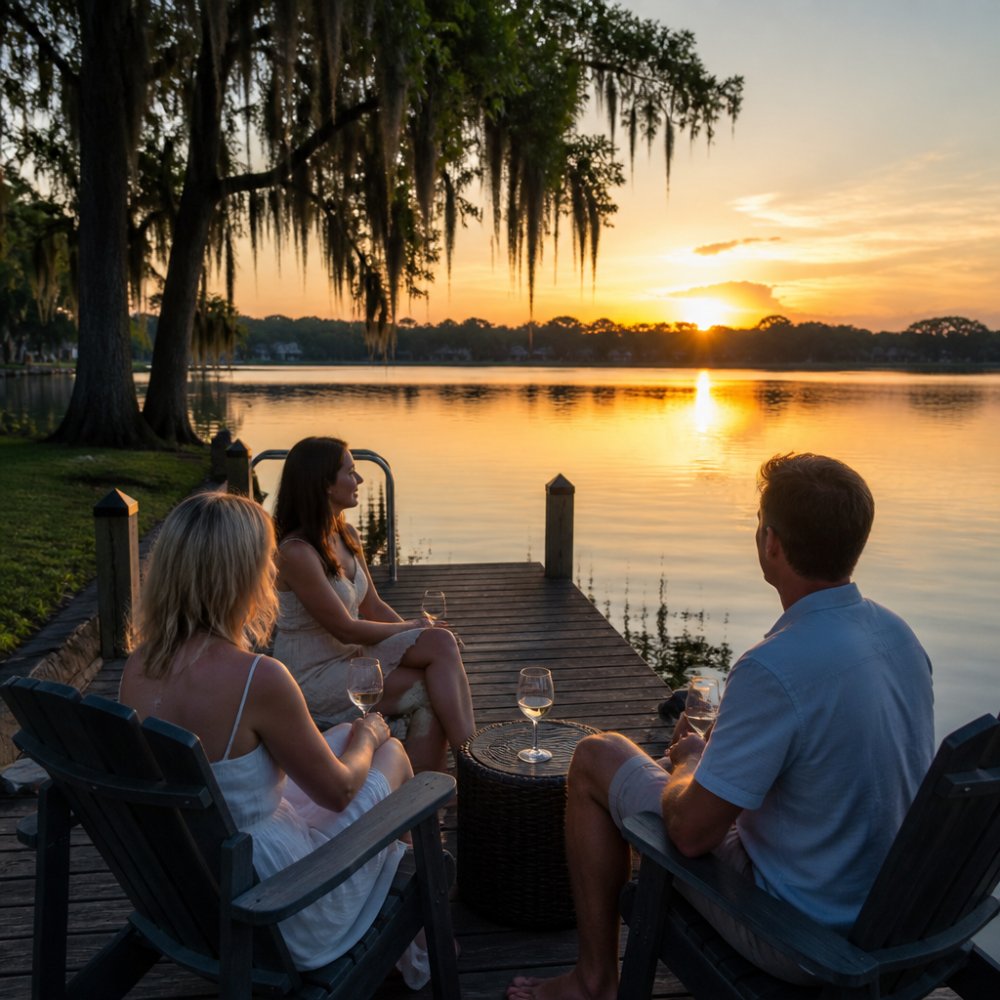 A serene lakefront home in Windermere at sunset, with a private dock extending over the calm water and cypress trees framing the view, warm golden light reflecting off the surface