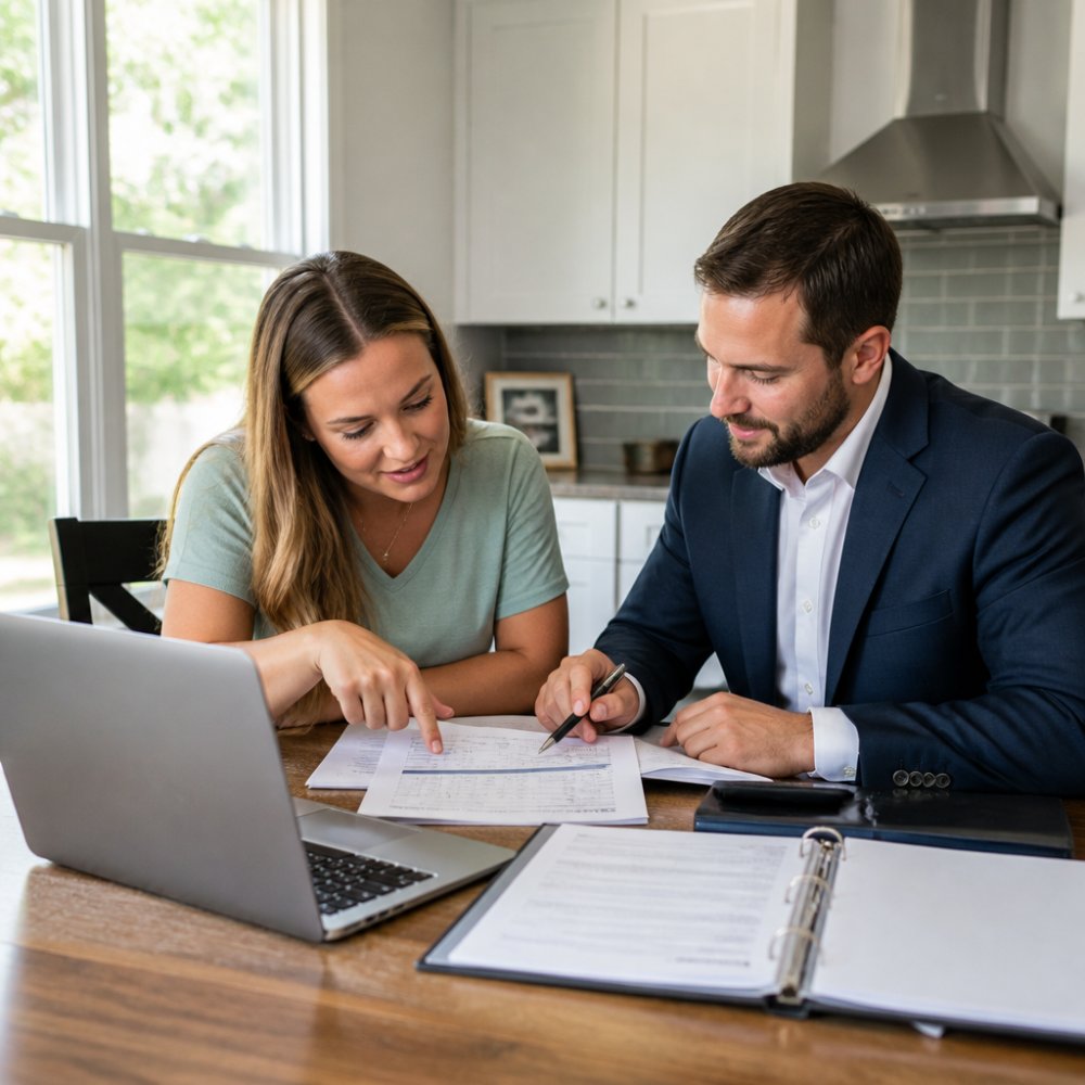 First-time homebuyer and real estate agent reviewing property documents and financing information at a kitchen table with laptop and home purchase paperwork visible, natural morning light from window