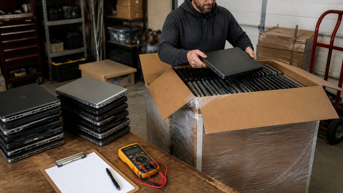 A reseller in a garage workspace opening a cardboard pallet box of used laptops, with a clipboard checklist and a multimeter on the table beside stacked devices