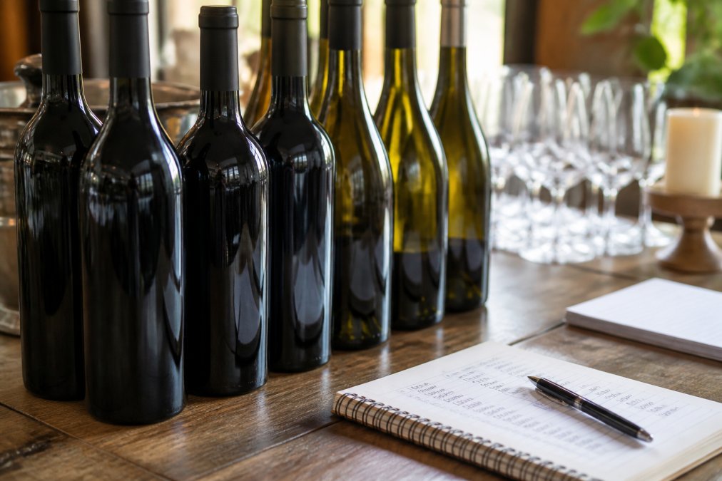 Close-up of multiple wine bottles lined up on a wooden table with a notepad, pen, and handwritten guest list beside them, suggesting event planning and inventory management under warm ambient lighting