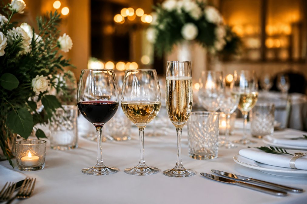 Elegant wedding reception table setting with full glasses of red wine, white wine, and sparkling wine in tall flutes, warm candlelight and soft bokeh in the background, white linen tablecloths