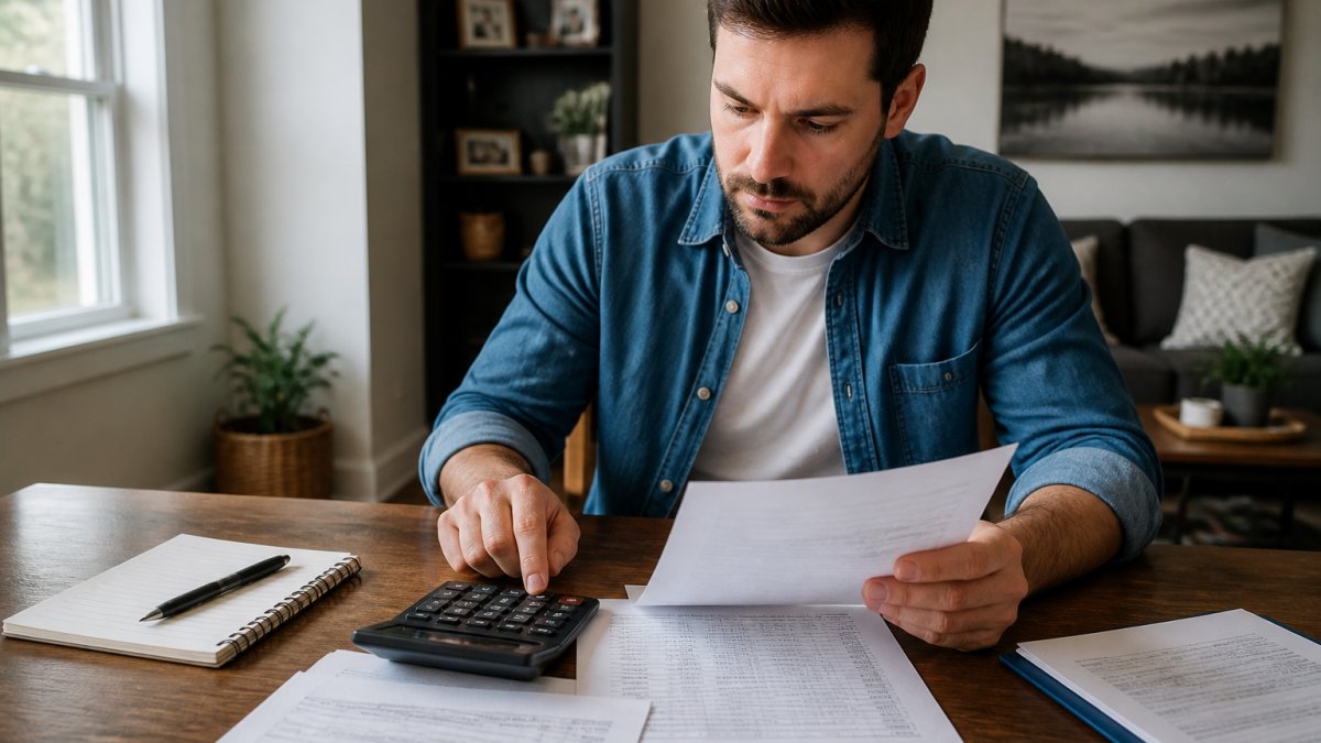 First-time car buyer sitting at a desk with a calculator, budget spreadsheet, and notepad, reviewing financing documents with a thoughtful expression in natural daylight