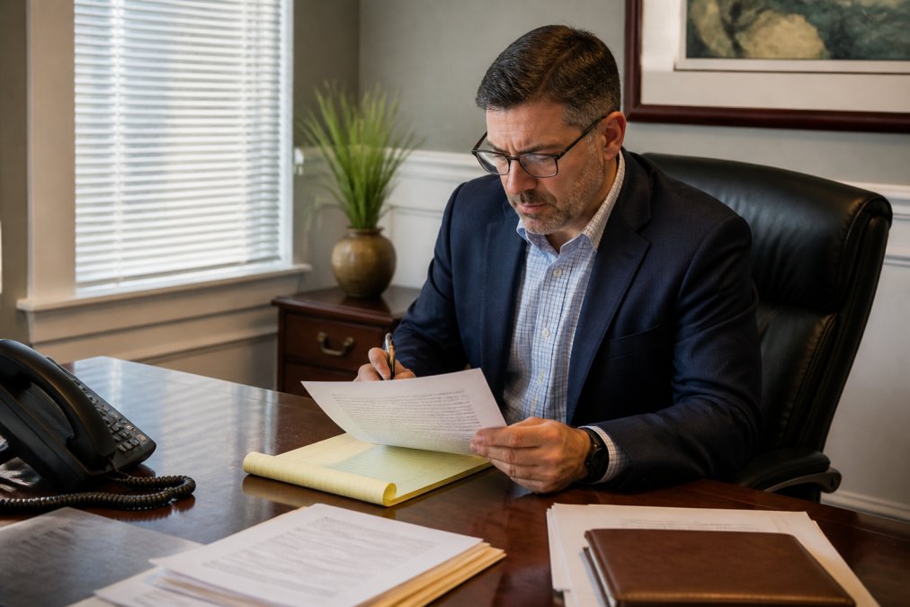 Financial advisor reviewing prospect information on computer screen with phone and notepad on desk, natural office lighting