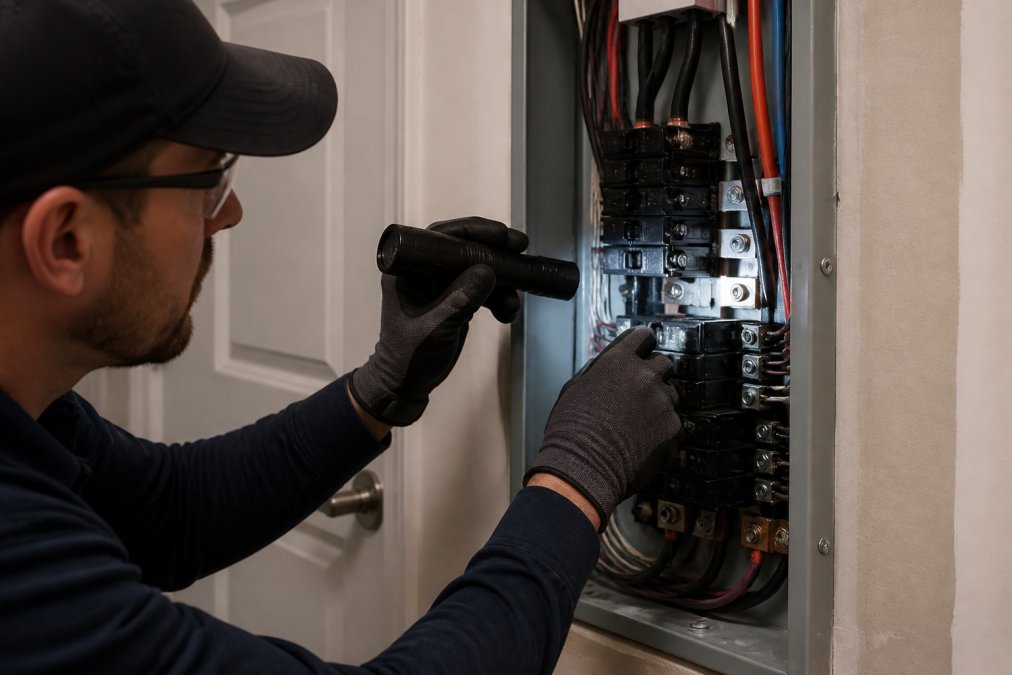 Professional electrician carefully inspecting an electrical panel interior with a flashlight, hands wearing protective gloves while examining breaker connections and bus bars in a residential home