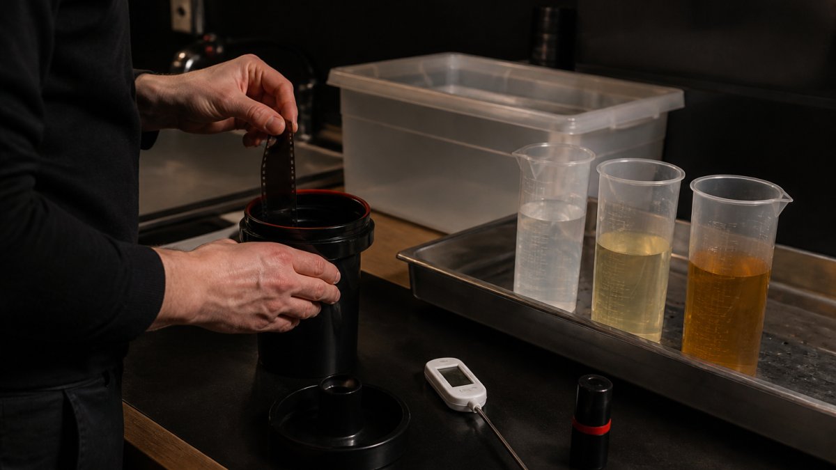 Fotograaf plaatst een 35mm filmrol in een zwarte ontwikkeltank met chemische baden en een thermometer op de werkbank
