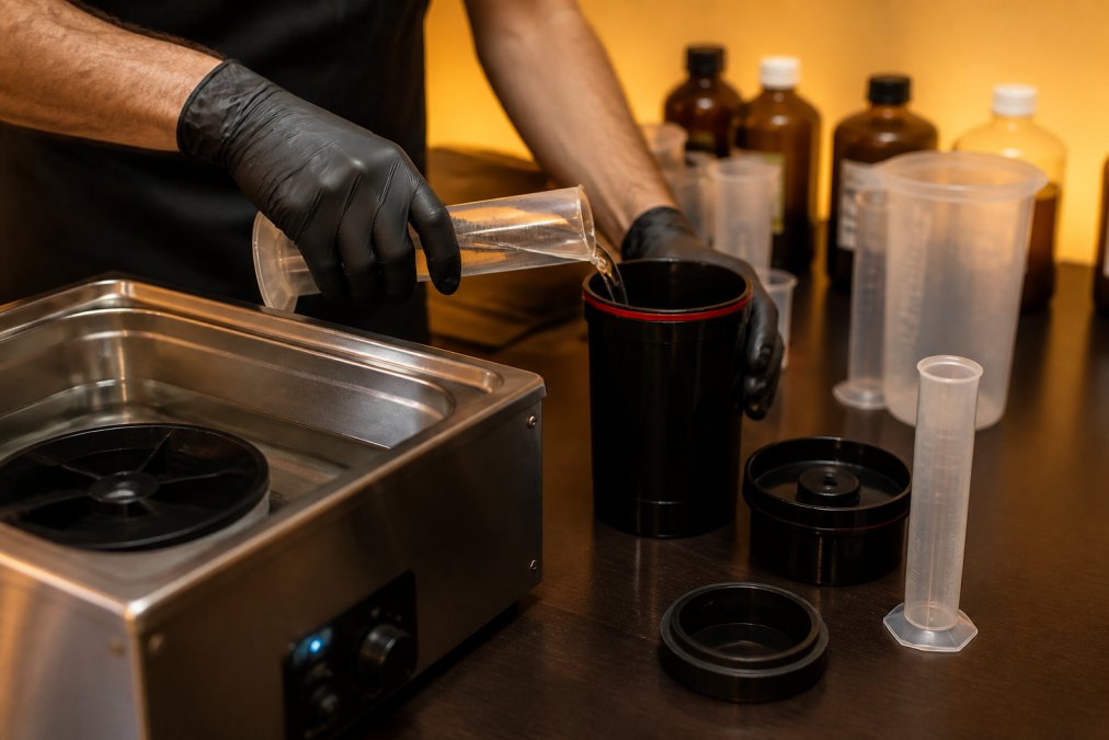 Fotograaf giet chemie in een ontwikkeltank voor het c-41 proces met meetcilinders en een warm waterbad op een werktafel.